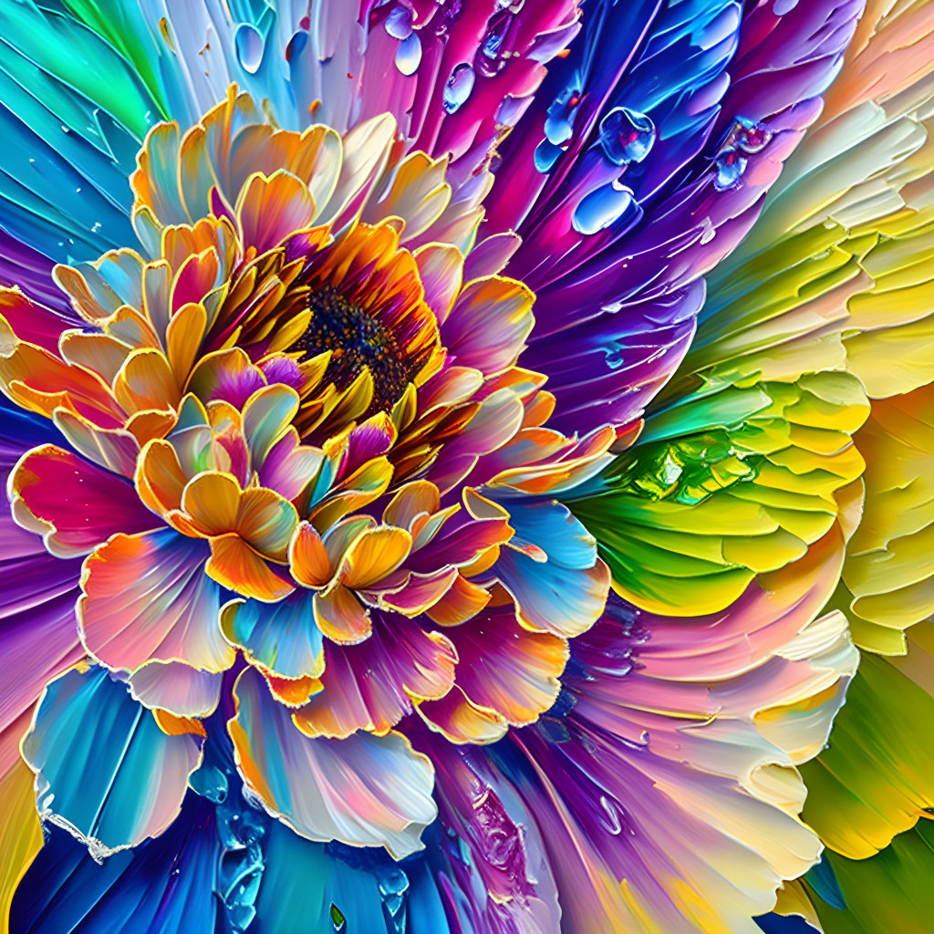 Colorful Flower Petals with Water Droplets on Rainbow Background