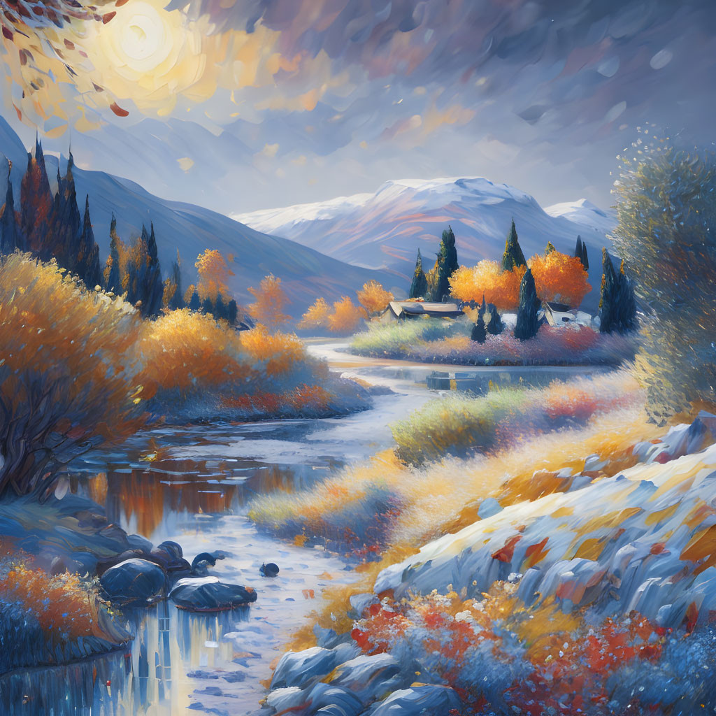 Colorful Autumn Landscape Painting with River and Mountains