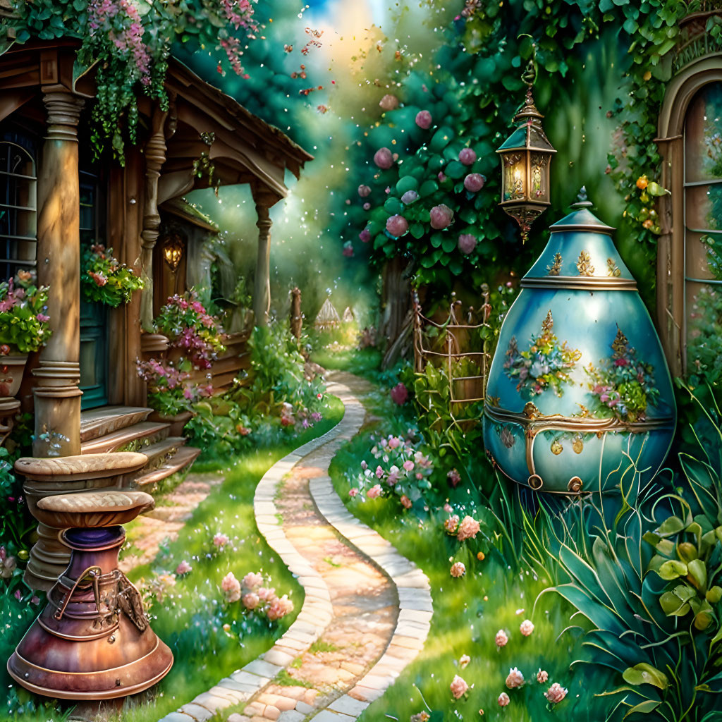 Vibrant garden with cobblestone path, lanterns, and decorative egg