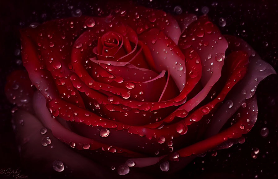 Dark Red Rose with Water Droplets on Petals Against Dark Background