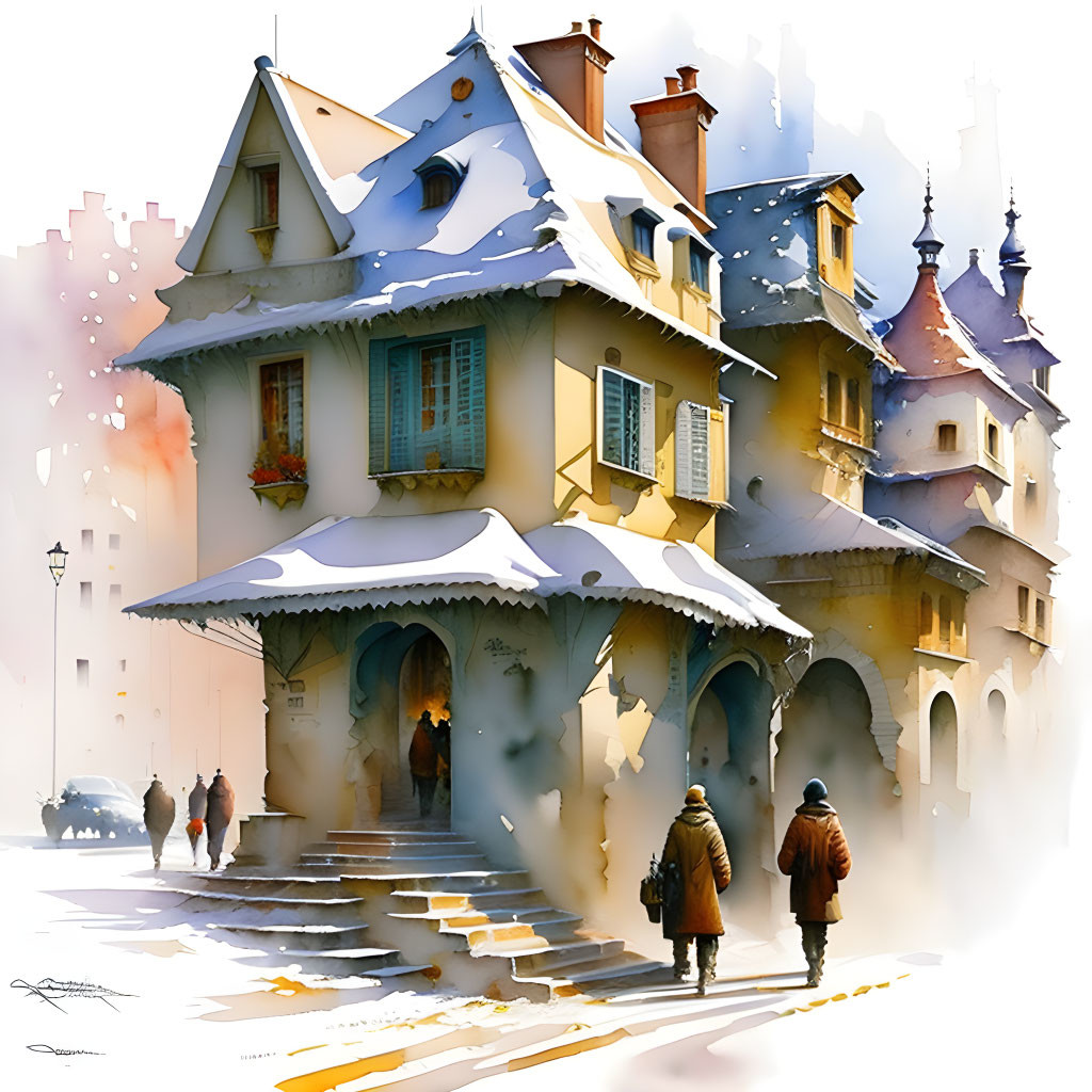 Illustration of two people walking to snow-covered house