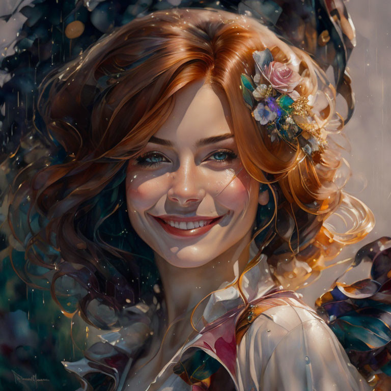 Digital portrait of woman with curly brown hair and floral hairpiece, smiling joyfully amidst swirling leaves