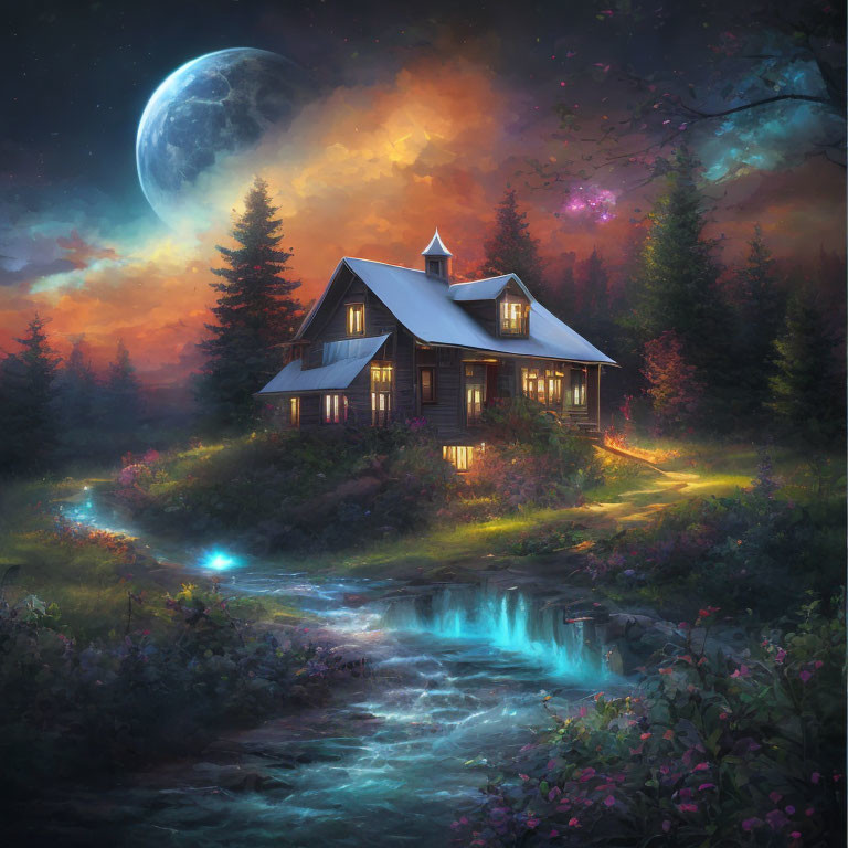 Cozy house by stream under starry sky with moon, surrounded by lush nature.