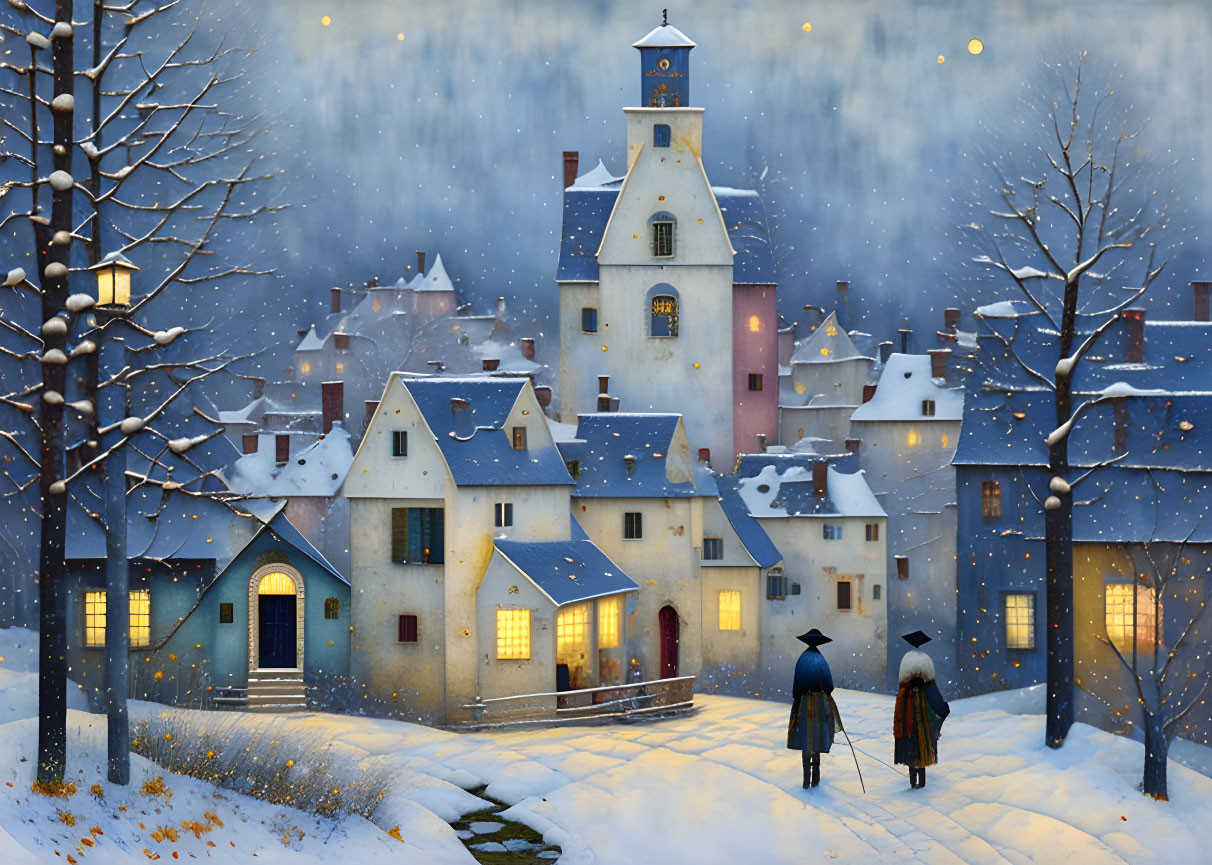 Snow-covered village with people walking in winter dusk