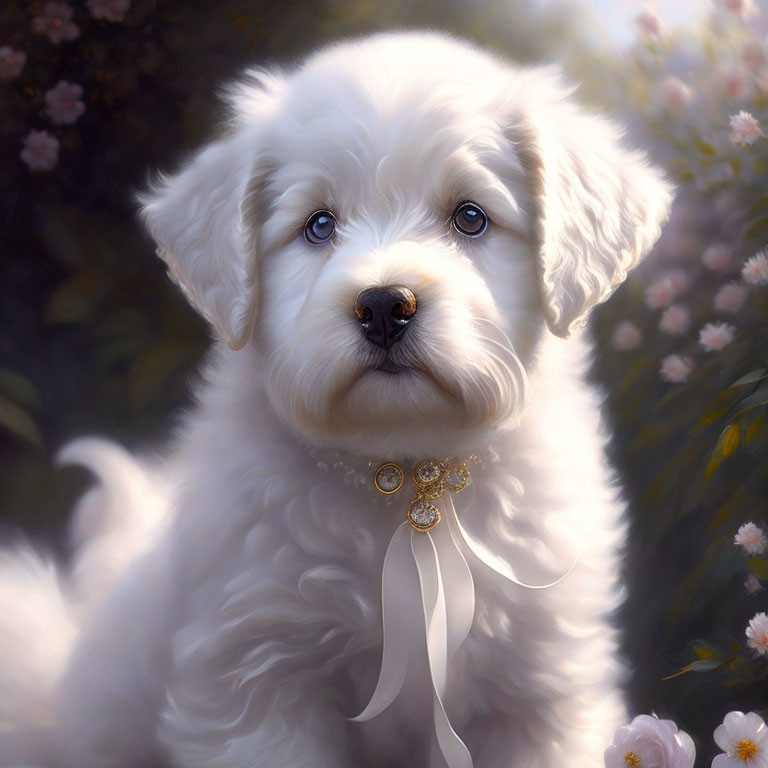 Fluffy White Puppy with Dark Eyes and Golden Accents Collar on Floral Background