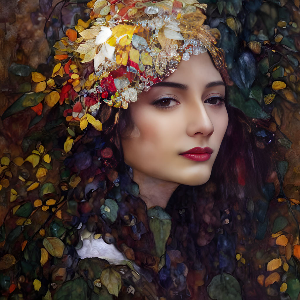 Woman with Autumn Leaf Crown Surrounded by Colorful Foliage