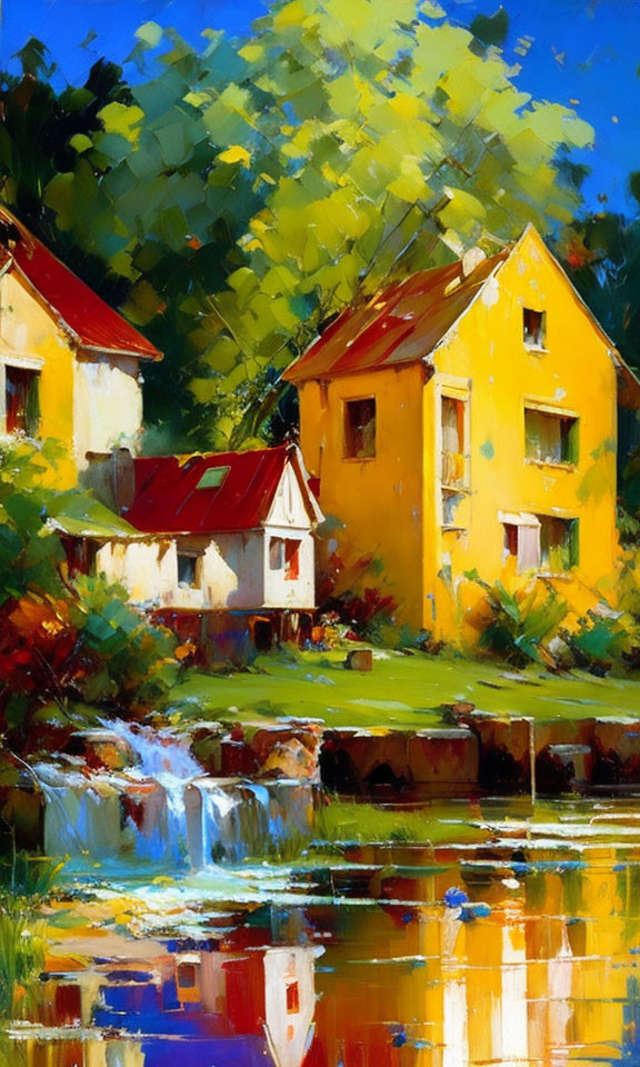 Colorful houses by water with lush greenery - Vibrant painting