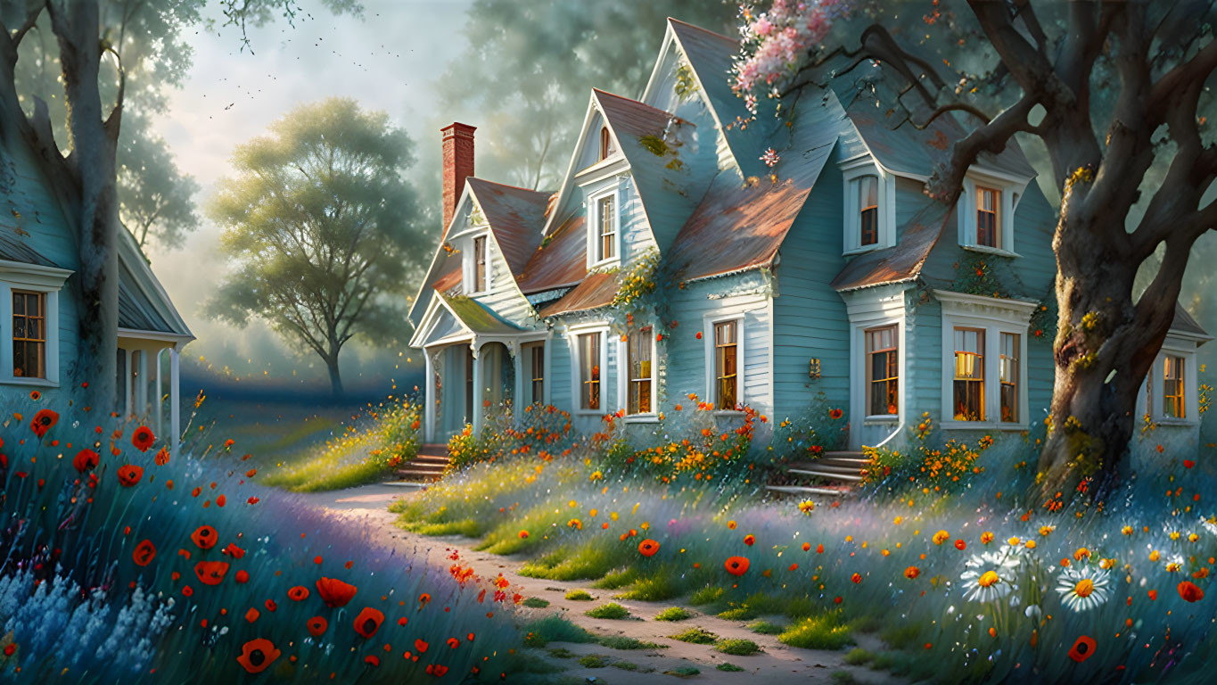 Tranquil digital art: Blue houses, flower gardens, trees in soft light