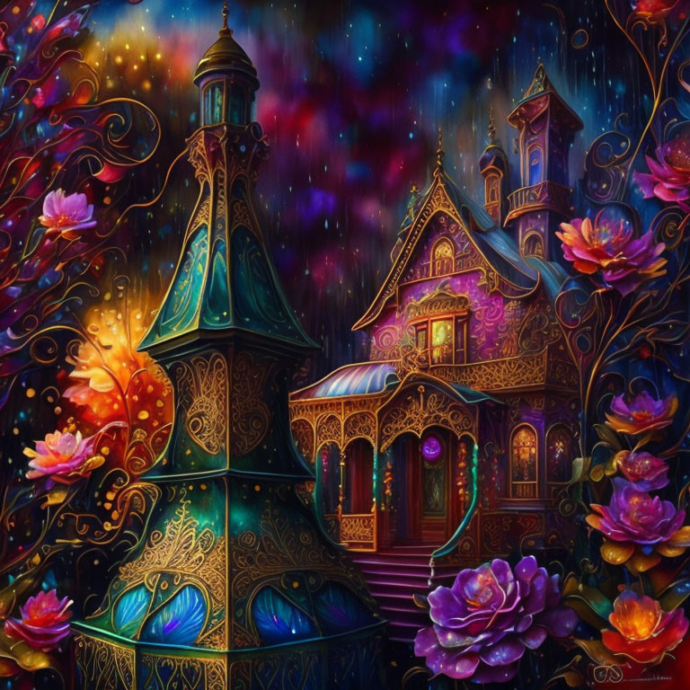 Colorful fantasy artwork: Illuminated building with oversized flowers under starry sky