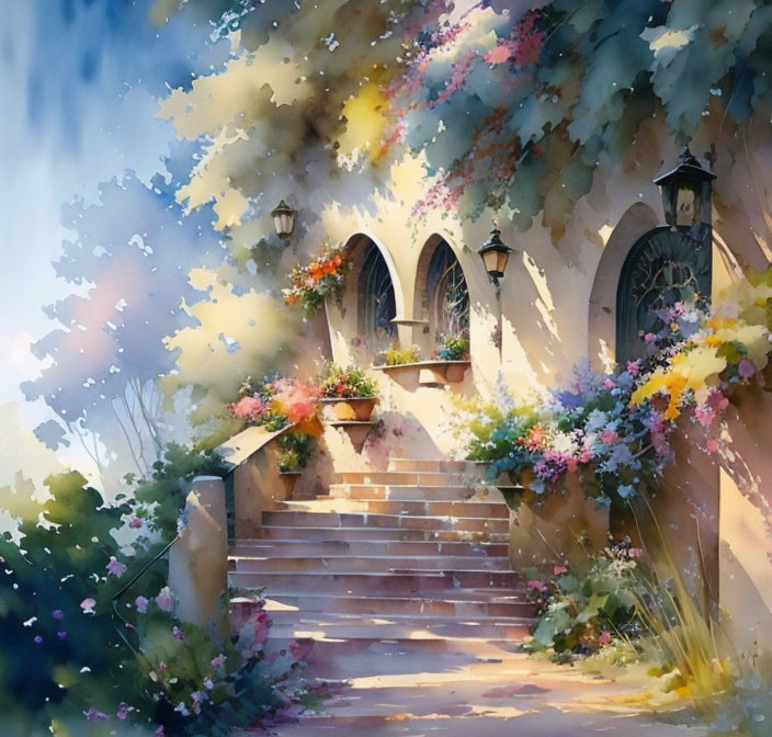 Enchanting garden stairway with arched doorways and vibrant blooms