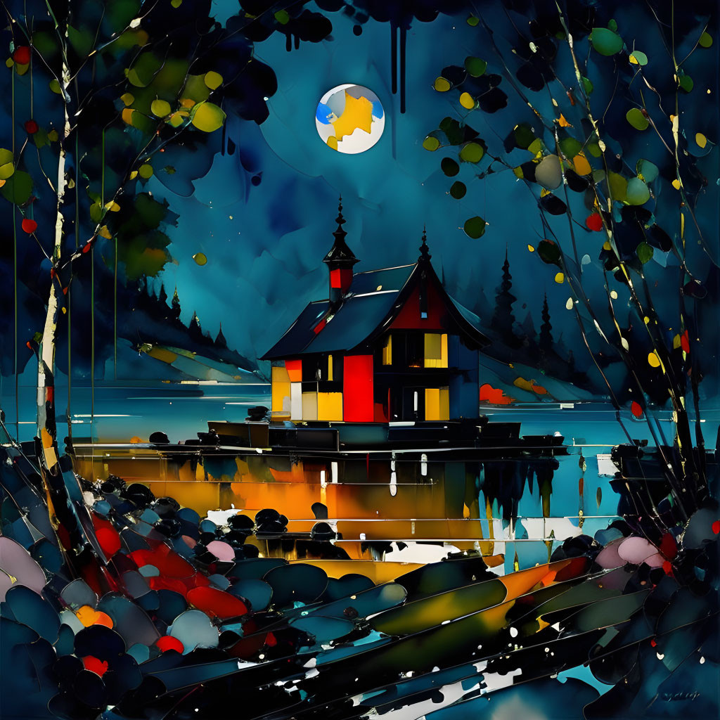 Vibrant stylized house by lake at night with full moon