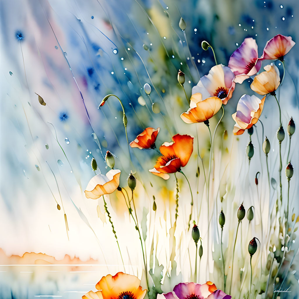 Delicate poppies in soft-focus with raindrops.