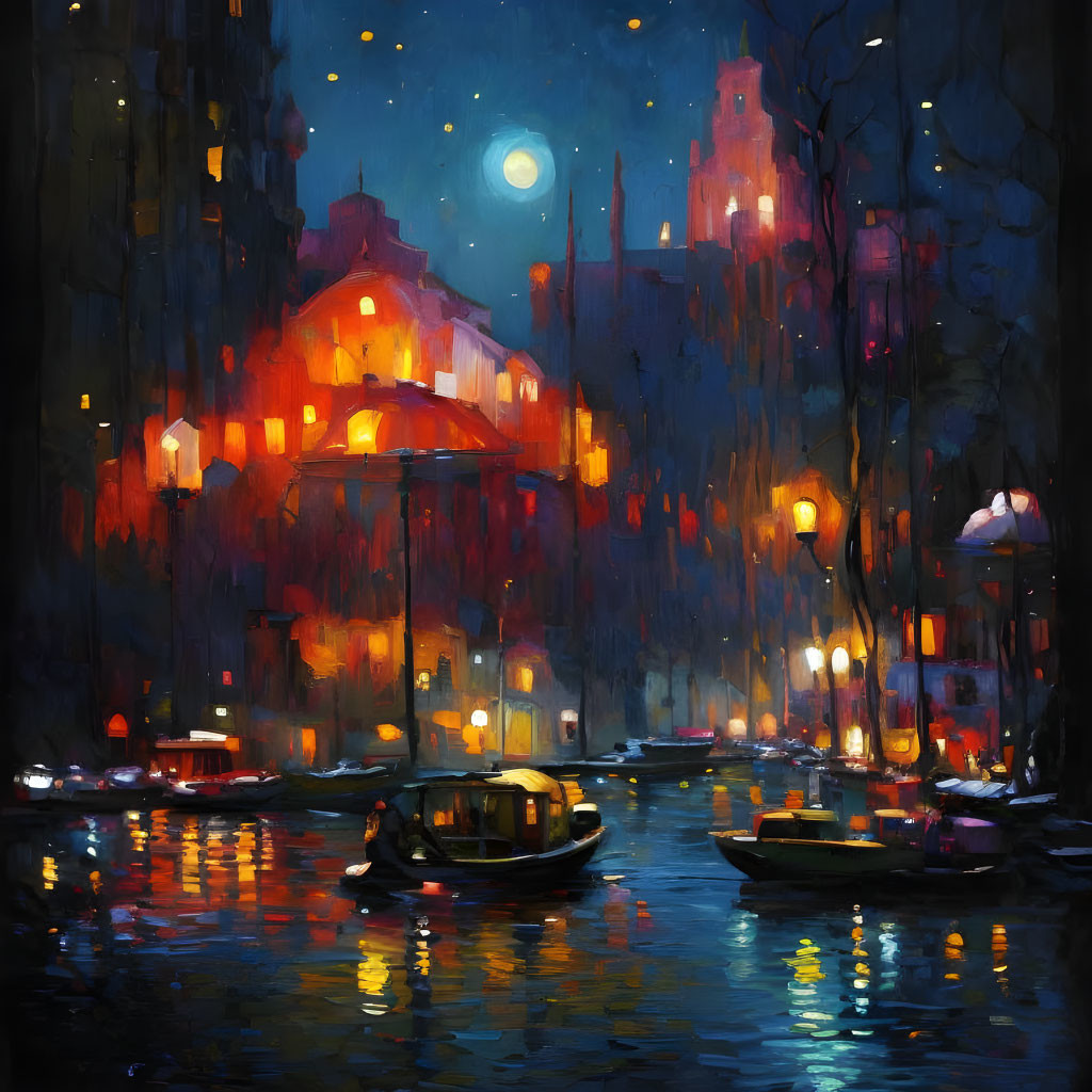 Cityscape painting: Moonlit rainy evening with glowing lights and canal boat