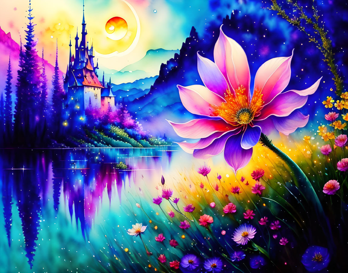 Colorful fantasy landscape with blooming flower, reflective lake, castle, starry sky.