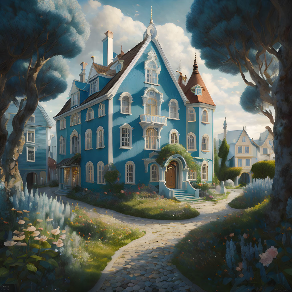 Illustration of whimsical fairy-tale blue house in lush garden