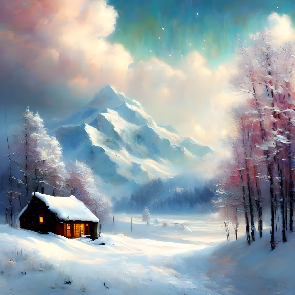 Snowy landscape with cozy cabin and pink trees under aurora-lit sky