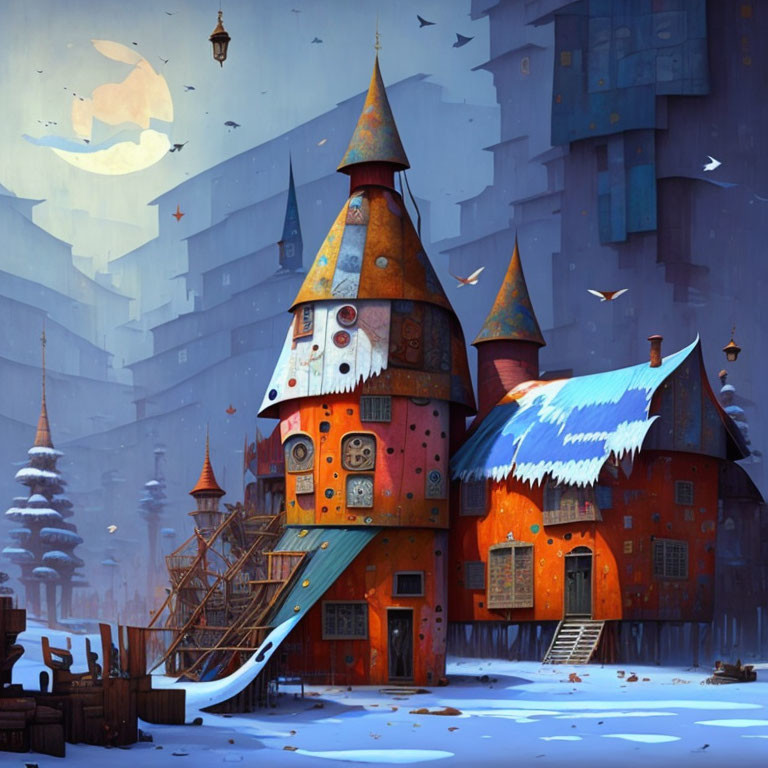 Colorful turret-style house in snowy landscape with crescent moon