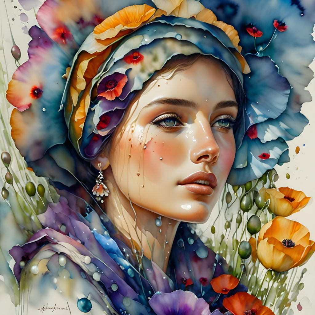 Colorful portrait of a woman with floral elements and intricate details