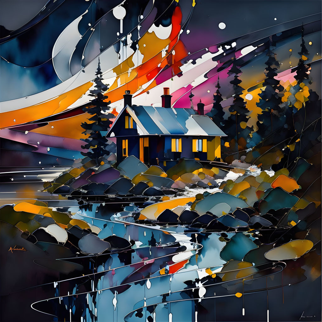 Abstract painting: House by river with colorful trees & moons