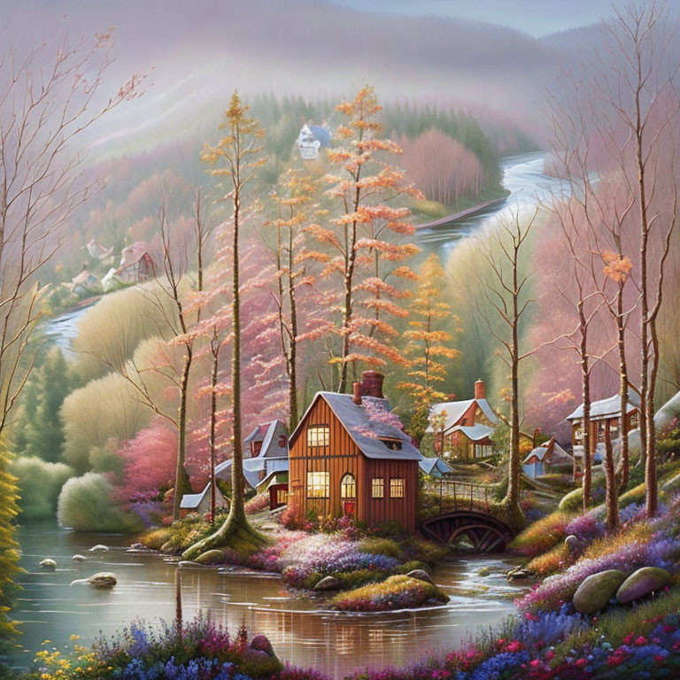 Colorful Trees and Cottage by River in Serene Landscape