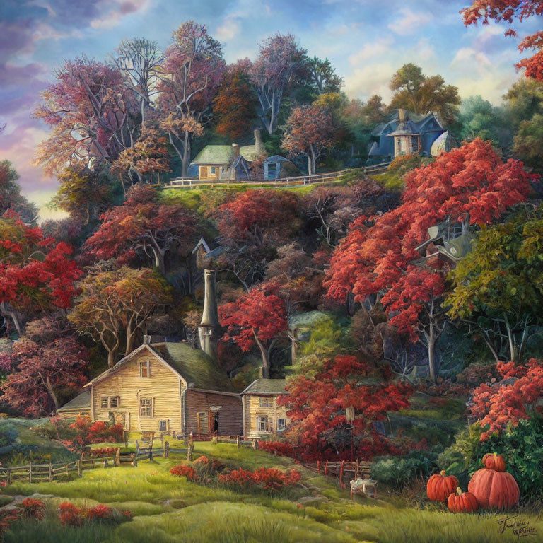 Rural autumn landscape with wooden house, windmill, pumpkins, and trees