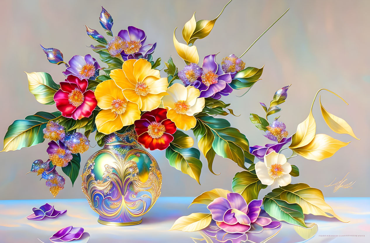 Colorful flower bouquet in patterned vase on pastel backdrop