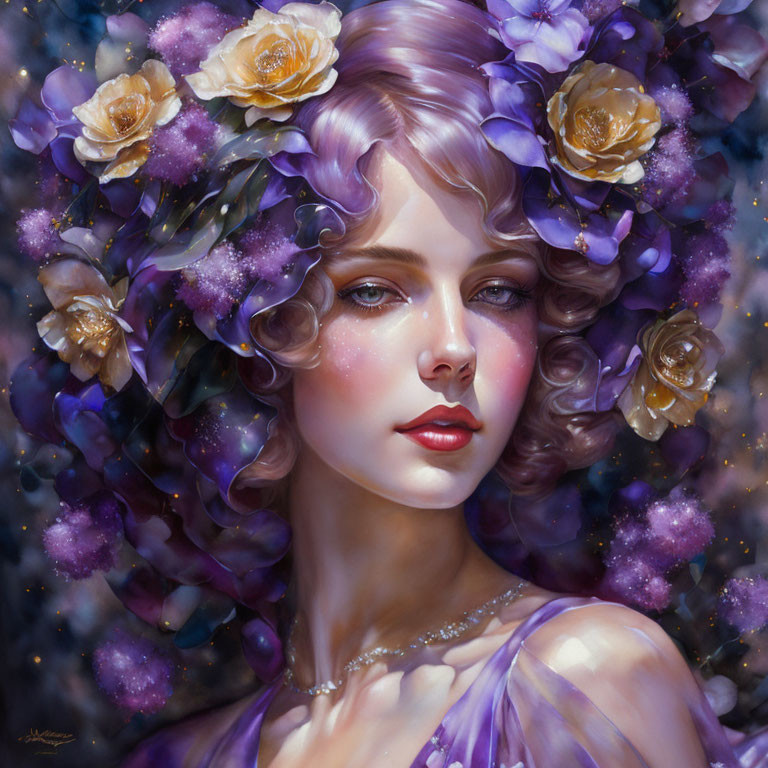 Digital artwork: Woman with purple wavy hair, white roses, pearl necklace, sheer purple garment