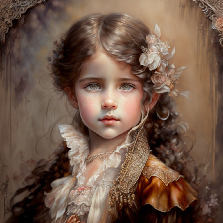 Portrait of young girl with wavy hair, white flowers, ornate frame, vintage dress