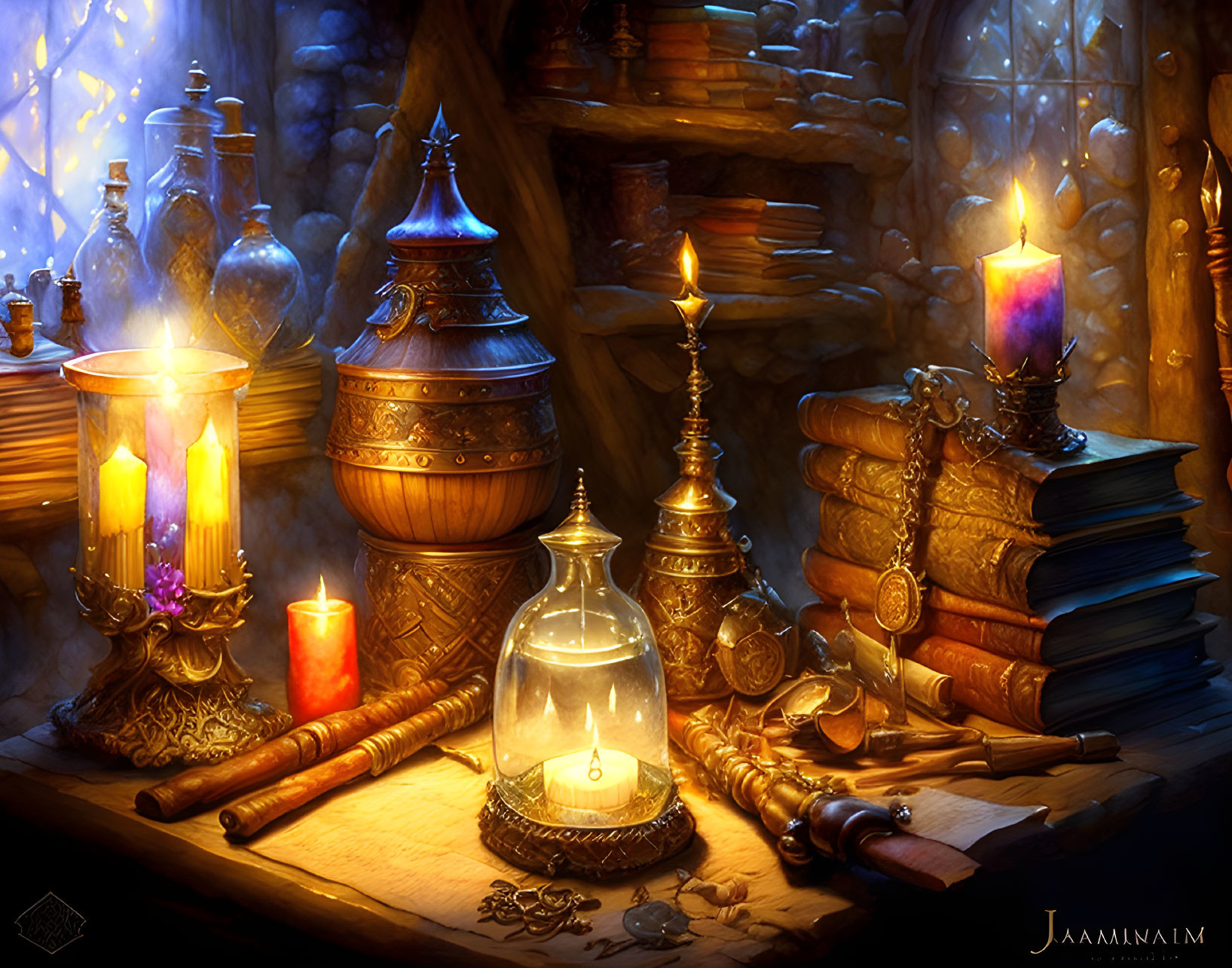 Antique books, candles, scrolls, bell jar, and bottles on wooden surface