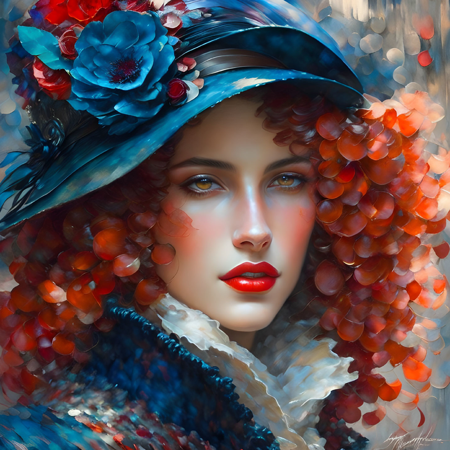 Portrait of a woman with red lips and blue hat, surrounded by red leaves.