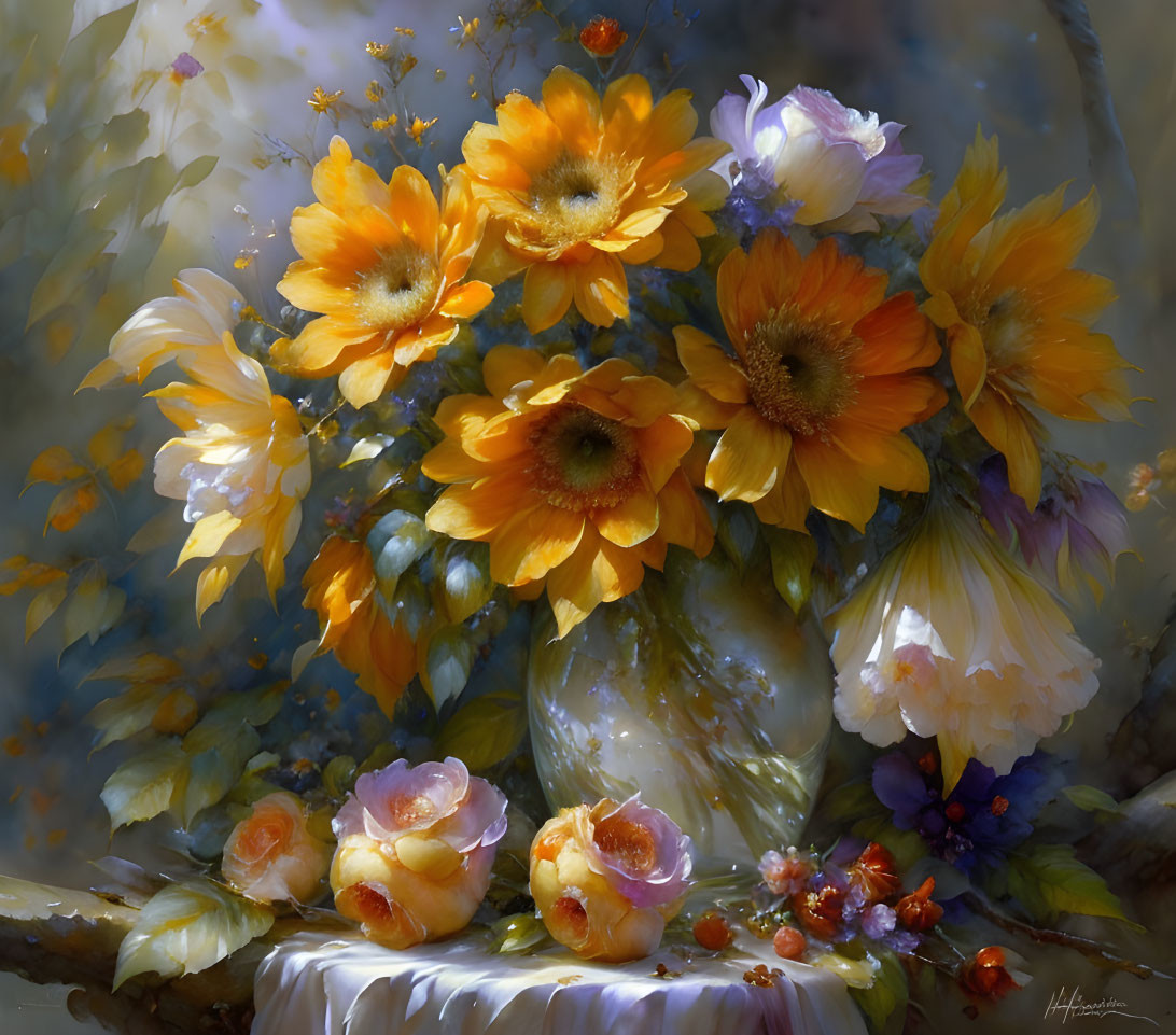 Colorful Still Life Painting of Orange and Yellow Flowers in Translucent Vase