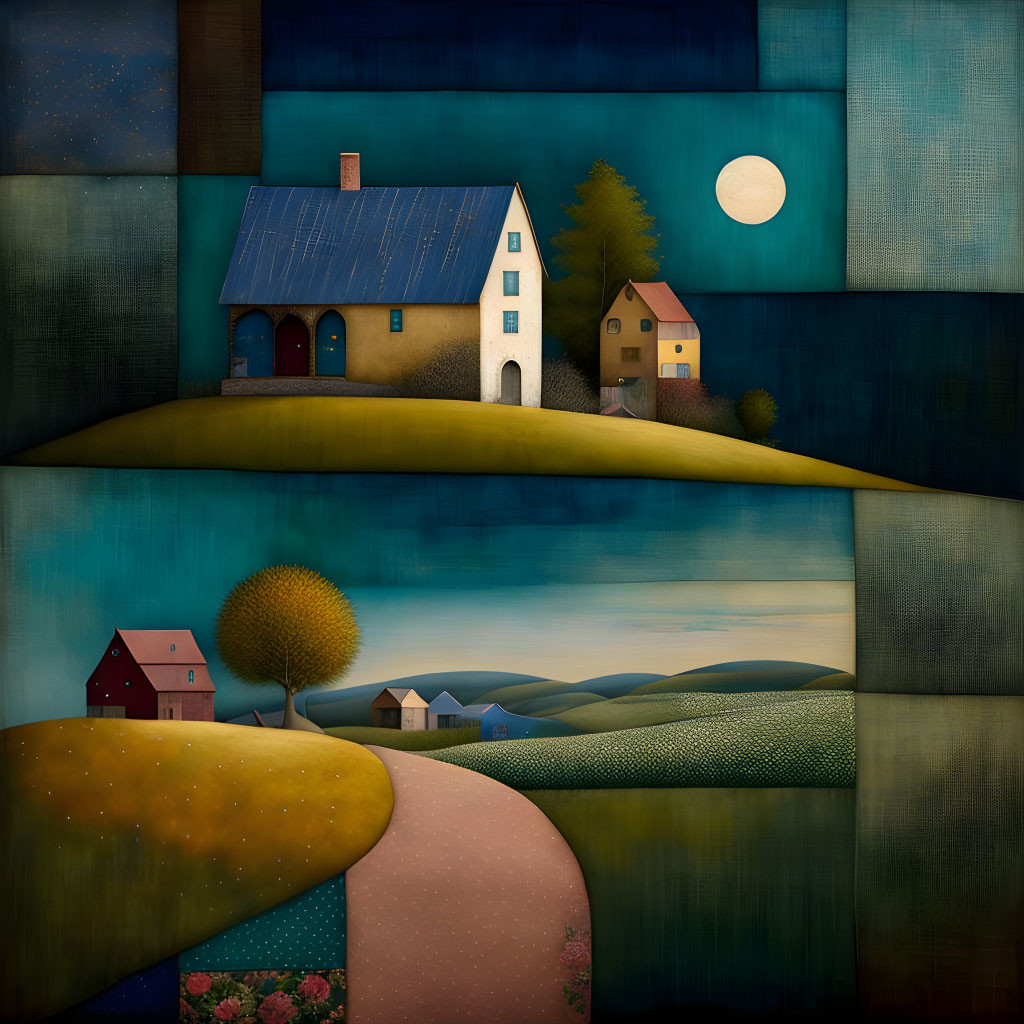 Whimsical painting of rolling green hills at night