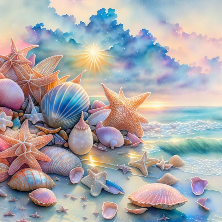 Colorful seashells on beach with waves and dramatic sky.