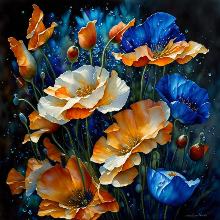 Colorful painting of orange and blue poppies with dewdrops on dark background