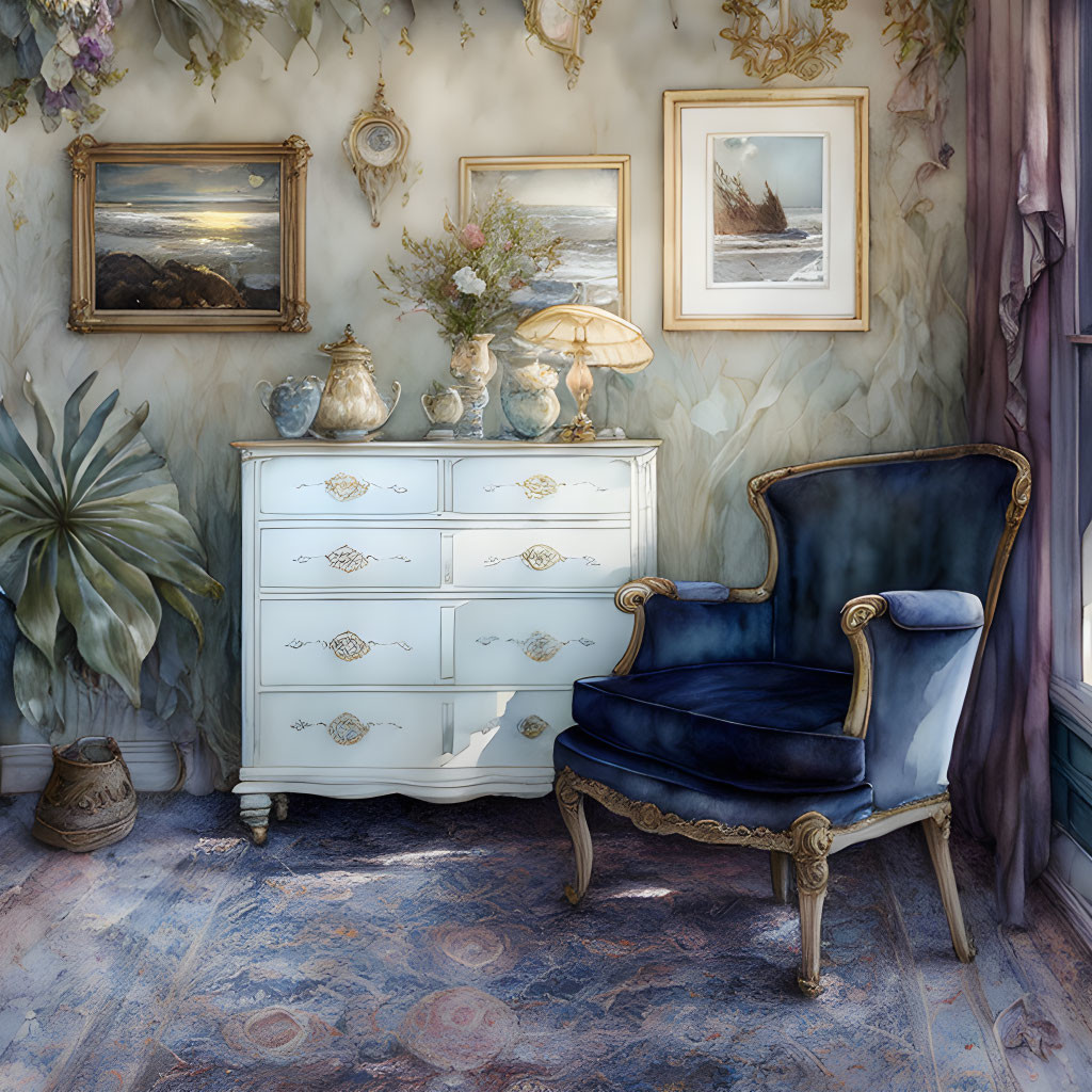 Vintage Room with Floral Wallpaper and Regal Blue Armchair