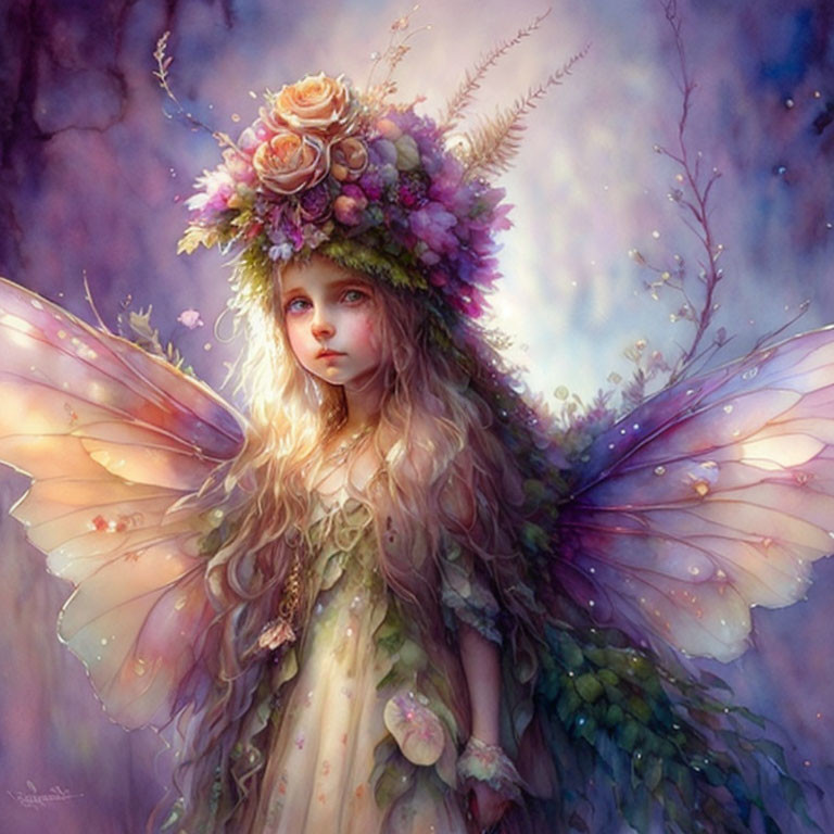 Fantasy Artwork: Young Fairy Girl with Delicate Wings in Mystical Purple Ambiance