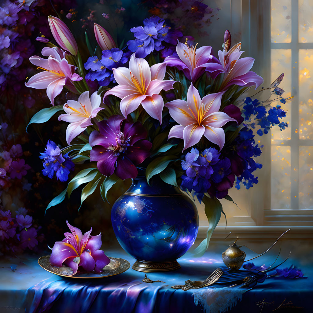 Colorful painting of purple and white lilies in blue vase with scattered petals, silverware on wooden