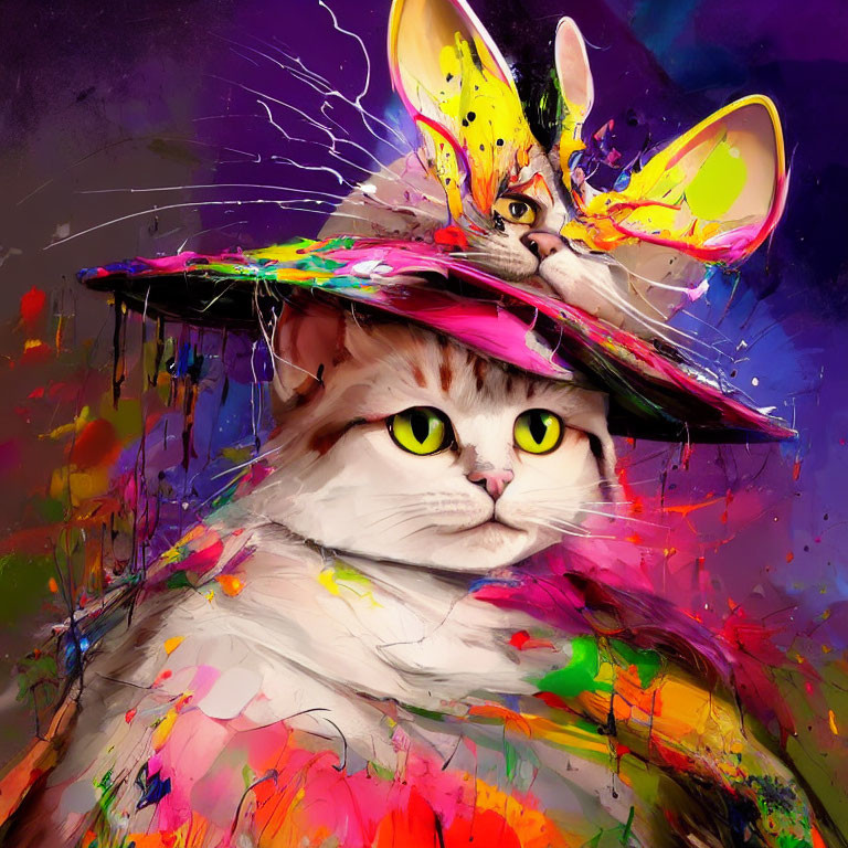 Colorful digital artwork: Cat with yellow eyes in splattered paint hat with whimsical tiny cat.