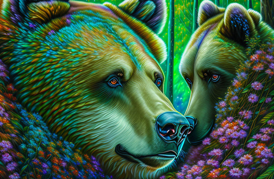 Colorful Painting of Two Bears with Vibrant Green and Floral Background