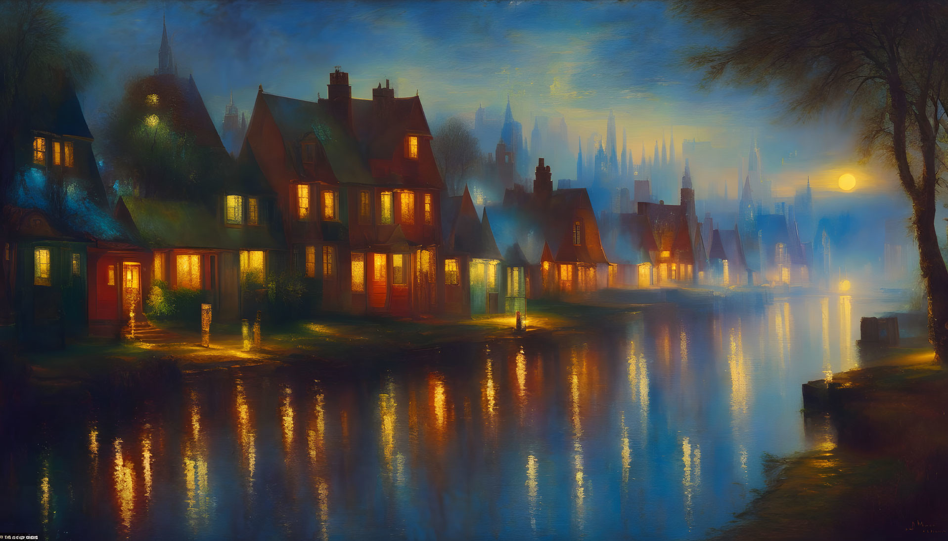 Moonlit River Scene: Quaint Houses, Reflective Water