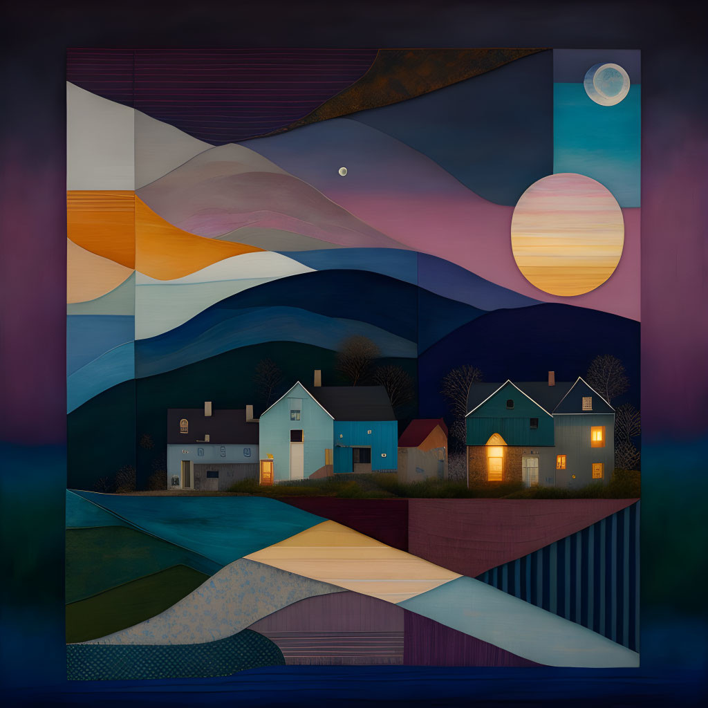 Geometric night landscape with stylized houses, moon, mountains, and surreal shapes.