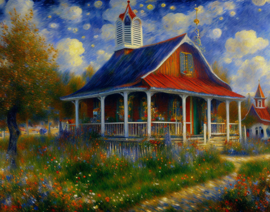 Impressionist painting: Quaint house with red roof and porch in lush garden