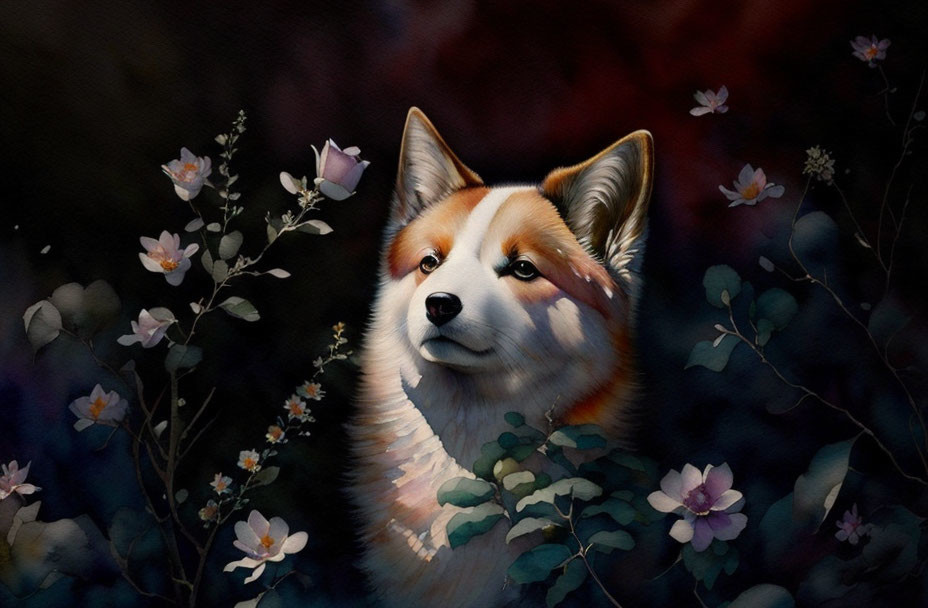 Serene Shiba Inu surrounded by dark foliage and flowers