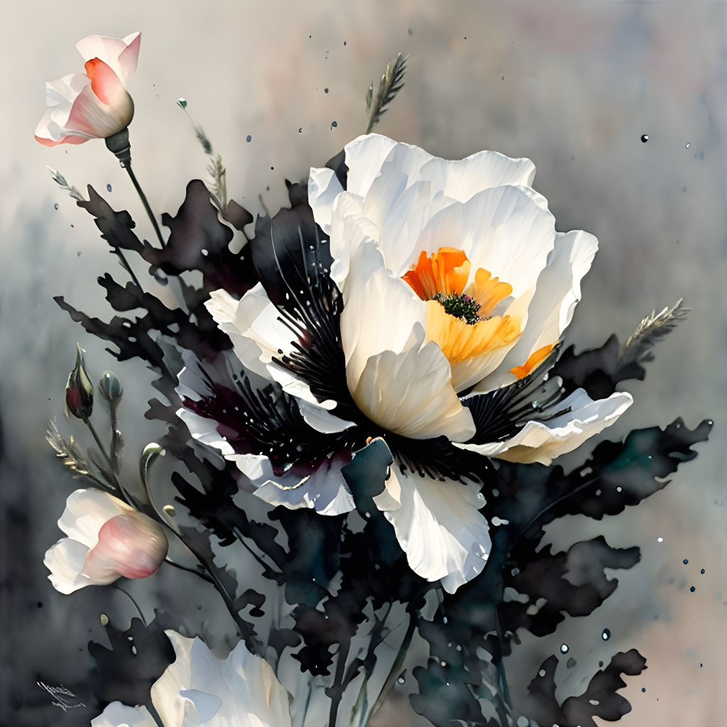 White Poppies with Black Stamens and Orange Center on Soft Background