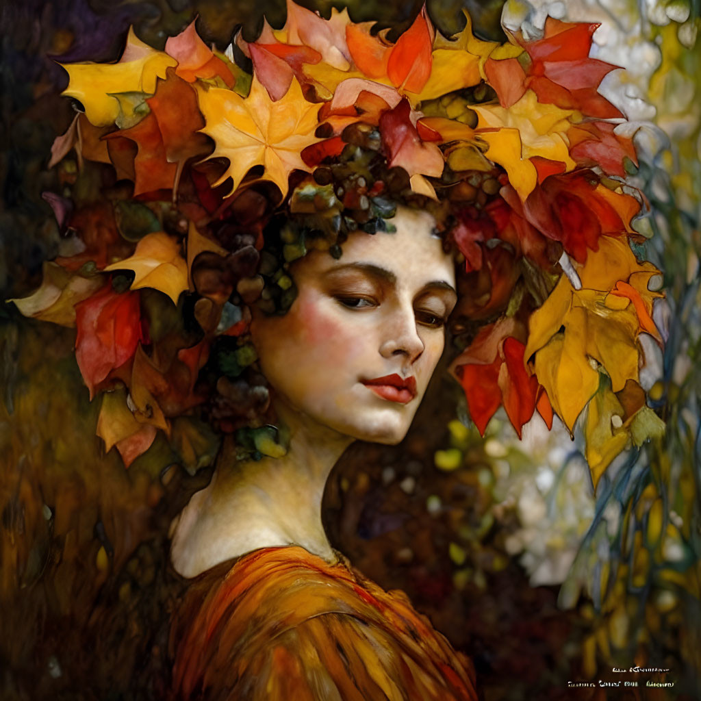 Woman portrait with autumn leaves and grapes in hair, showcasing serene autumn aesthetic