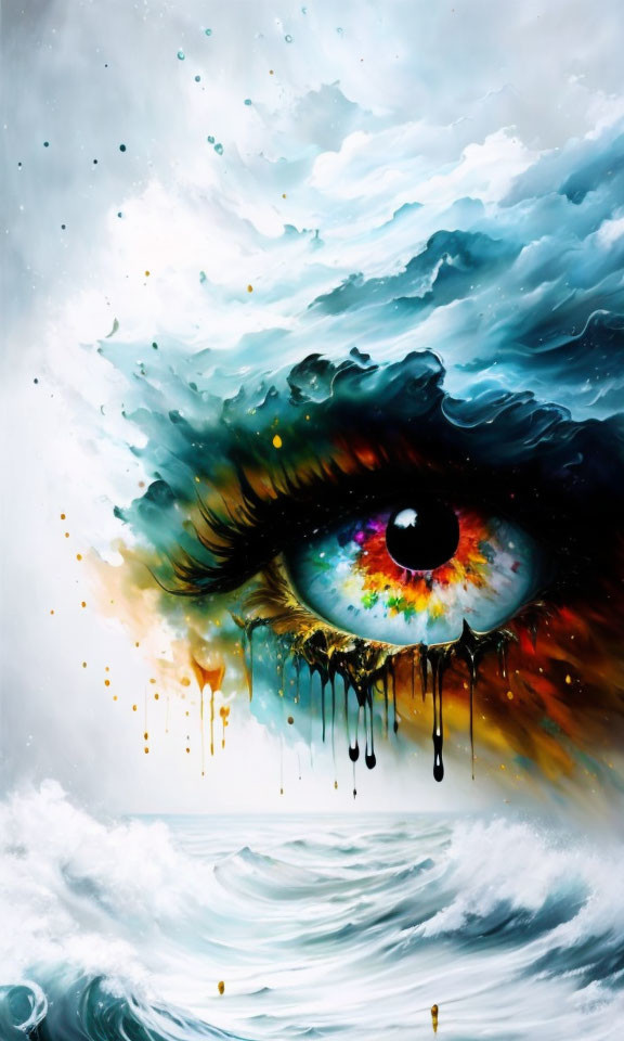 Colorful surreal painting: Eye in stormy skies and seas