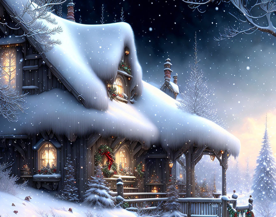 Snow-covered Christmas cottage in serene winter twilight