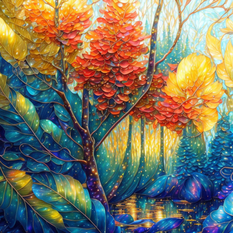 Fantastical forest with multicolored leaves and mystical glow