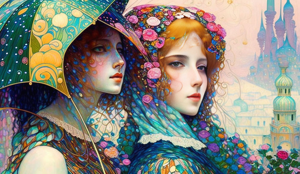 Colorful artwork: Two female portraits with umbrella against whimsical architecture