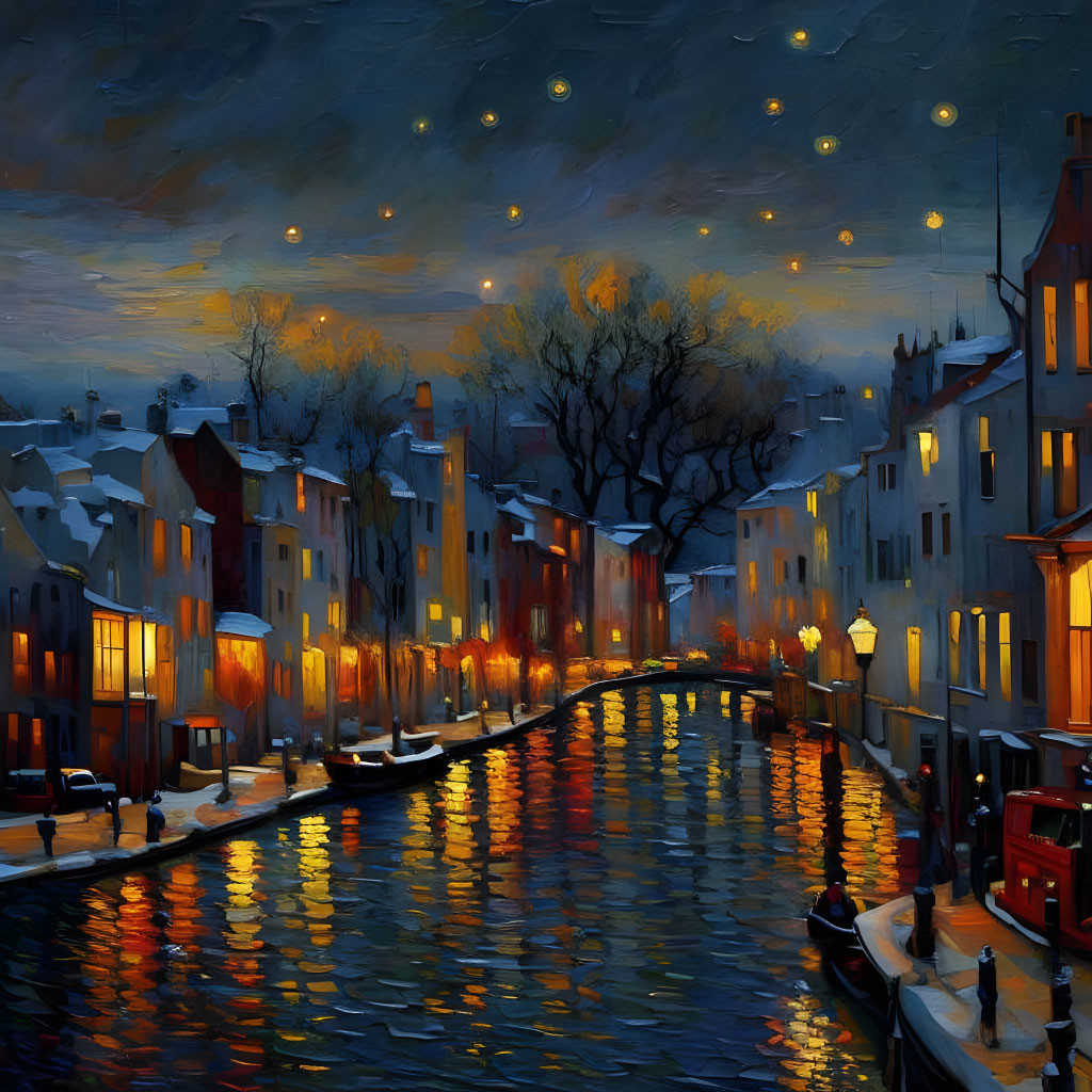 Night-time Canal Scene with Illuminated Buildings and Glowing Orbs